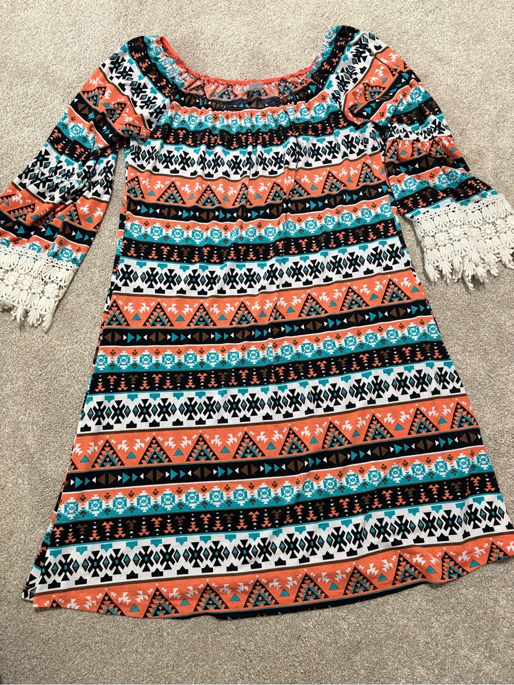 Women’s Teal & Orange Aztec Print Dress with Crochet Sleeves